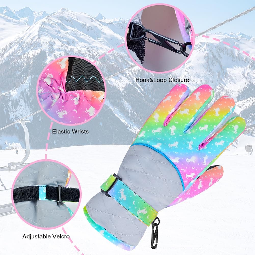 Ausletie Kids Gloves Winter Waterproof Snow Ski Gloves for Girls, Winter Outdoors Warm Snowboard Gloves for Children thumbnail 5