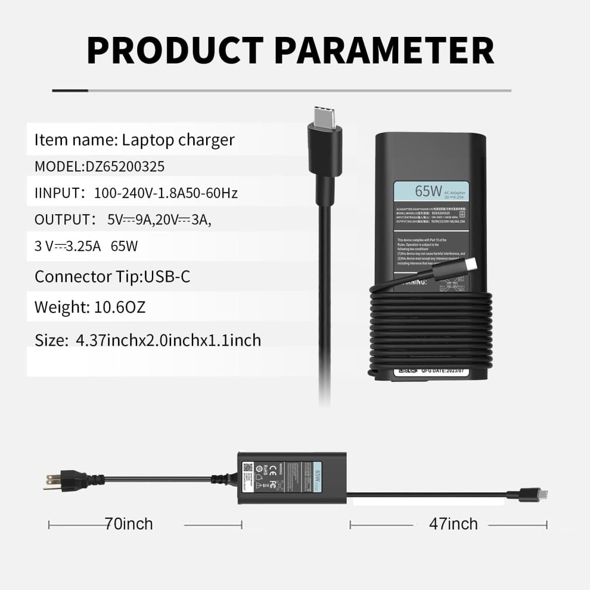 65W USB C Laptop Charger for Dell XPS and Latitude 5000 5420 5520 65W Dell Laptop Charger Type C thumbnail 3