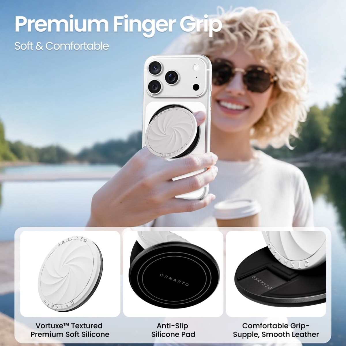 ORNARTO Vortuxe for MagSafe Phone Grip with Kickstand, Soft Liquid Silicone Finger Loop Grip, Phone Ring Holder for Back Premium Build & Comfy Touch,White thumbnail 2