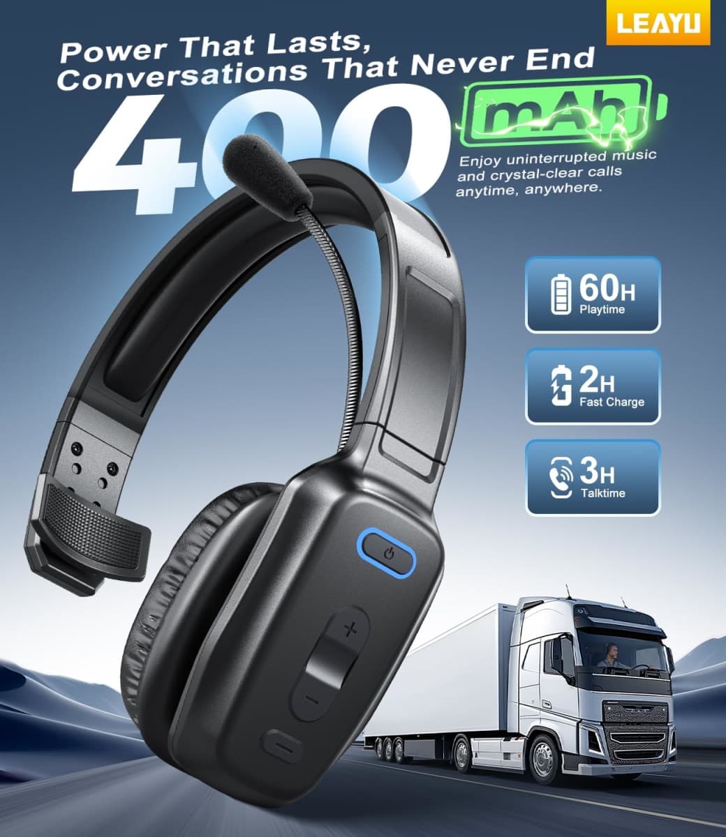 Bluetooth Headset, 60hrs AI Noise Canceling V5.2 Over Head Headphones, Single Ear Trucker Wireless Headset with Mic, Mute Button, Multipoint, for Phones PC Computer Truck Driver Office Work - Black thumbnail 3