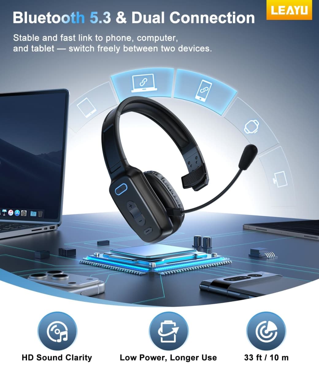 Bluetooth Headset, 60hrs AI Noise Canceling V5.2 Over Head Headphones, Single Ear Trucker Wireless Headset with Mic, Mute Button, Multipoint, for Phones PC Computer Truck Driver Office Work - Black thumbnail 4