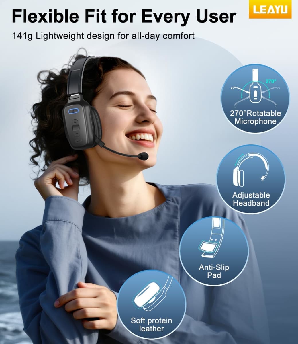 Bluetooth Headset, 60hrs AI Noise Canceling V5.2 Over Head Headphones, Single Ear Trucker Wireless Headset with Mic, Mute Button, Multipoint, for Phones PC Computer Truck Driver Office Work - Black thumbnail 5