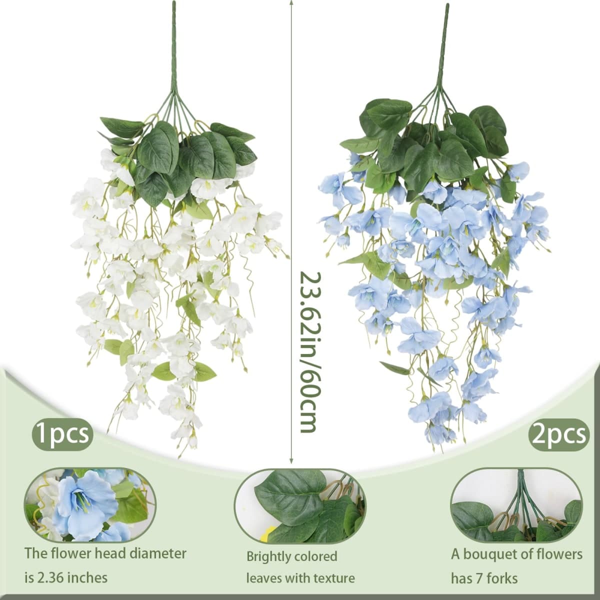 GhuaH 3 Pcs Fake Hibiscus Flowers Artificial Hanging Flowers Plants for Outdoors UV Resistant Spring Summer Decor Silk Faux Hibiscus Flowers Trailing Vines for Front Door Porch Outside White Blue thumbnail 2