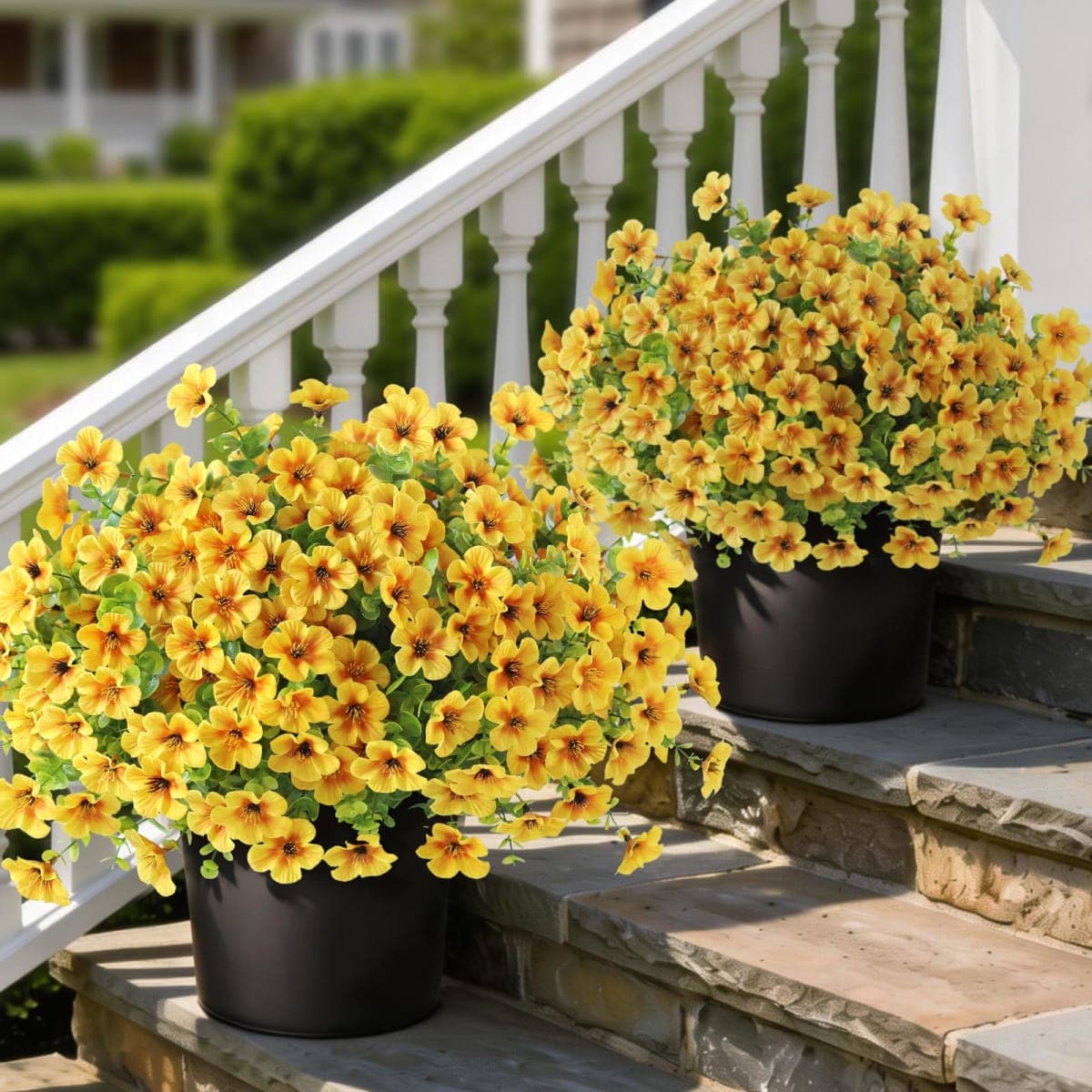 2 Set of Artificial Morning Glory & Eucalyptus Topiary Trees - Faux Silk Flower Potted Plants, UV-Resistant Fake Outdoor Morning Glory Bushes for Front Door, Yard, Farmhouse, Garden Decor (Yellow)