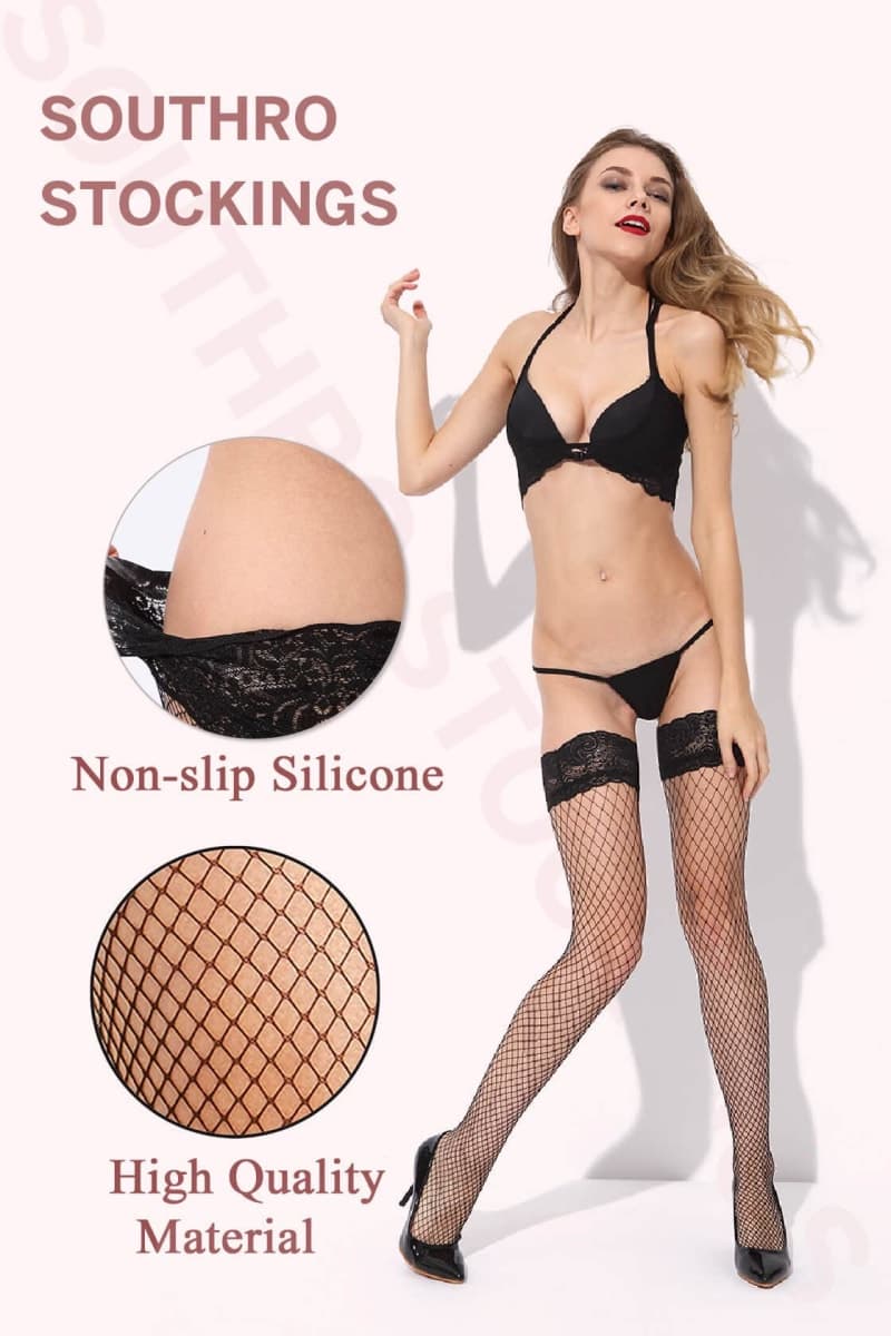 SOUTHRO 2 Pairs Women’s Fishnets Thigh High Stockings Tights Socks With Lace Top, Black-2-pairs, One Size thumbnail 3
