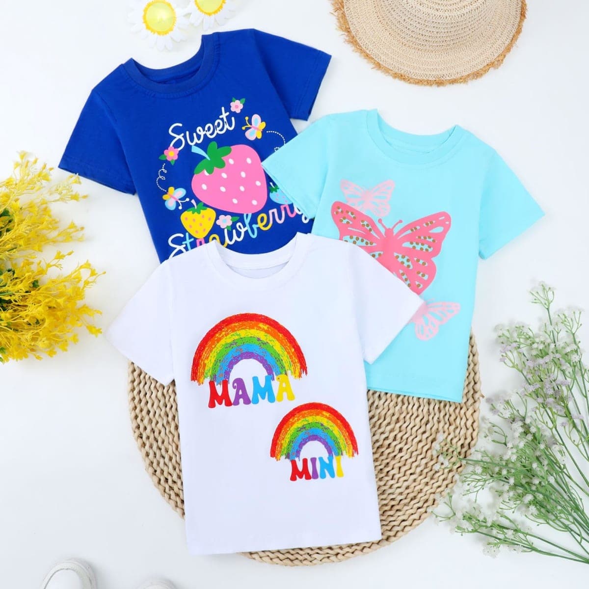 HILEELANG Girl T-Shirts Short Sleeve Graphic Tees Cotton Casual Summer Tops Shirts 3 Packs, 251021#strawberryv, 7 Years thumbnail 2