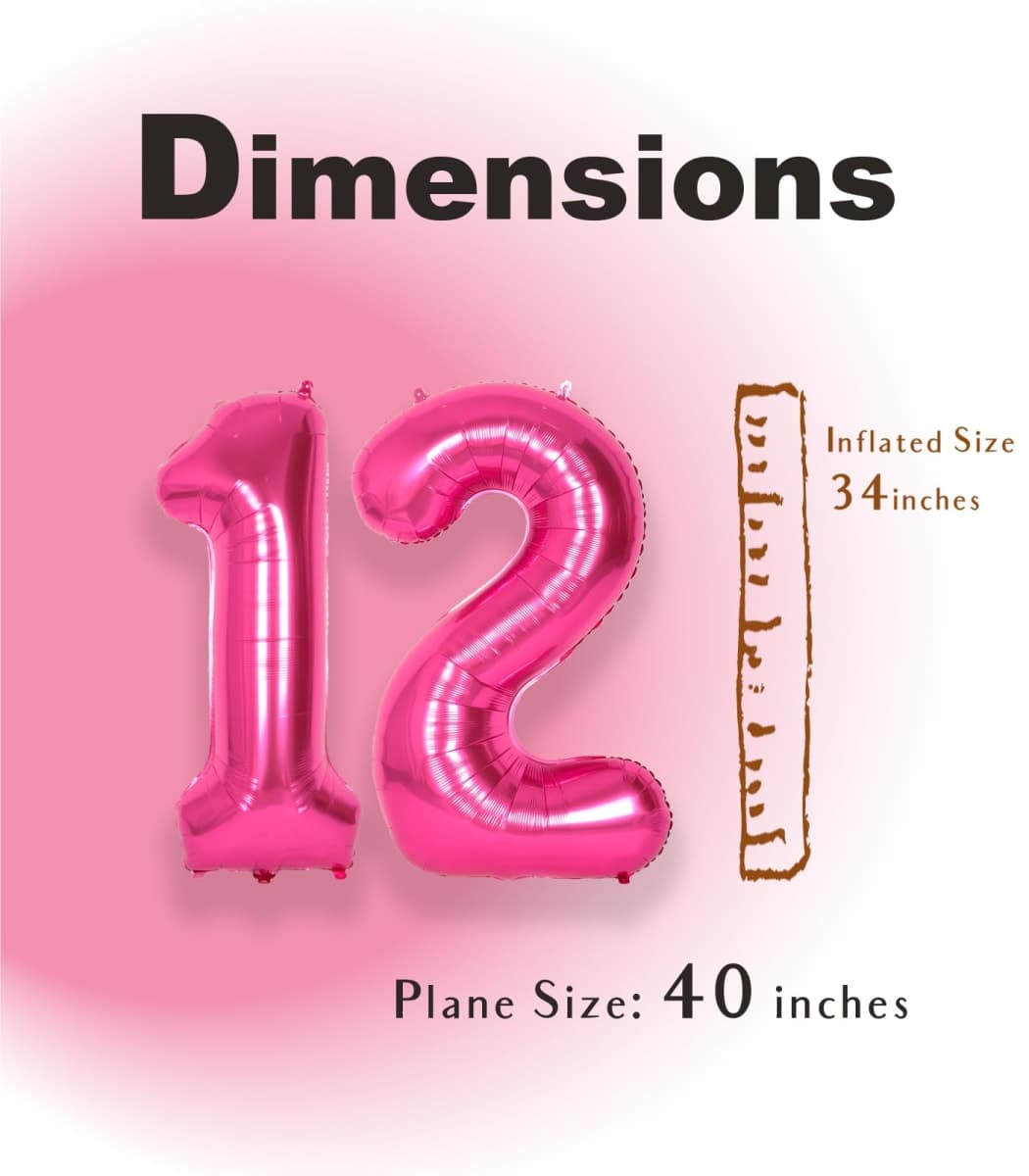 SUWEN 40 Inch Hot Pink Large 12 Number Balloons Big Foil Helium Number Balloons 0-9 Jumbo Happy 12th Mylar Birthday Party Decorations for Girl or Women 21 Anniversary Party Supplies thumbnail 4