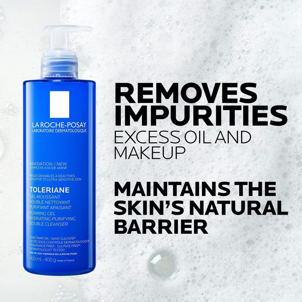 La Roche Posay Double Face Cleanser, Toleriane Hydrating Purifying Foaming Gel, Removes Makeup & Impurities, with Niacinamide & Amino Acids, Fragrance Free, Recommended by Dermatologists, 400ml thumbnail 3