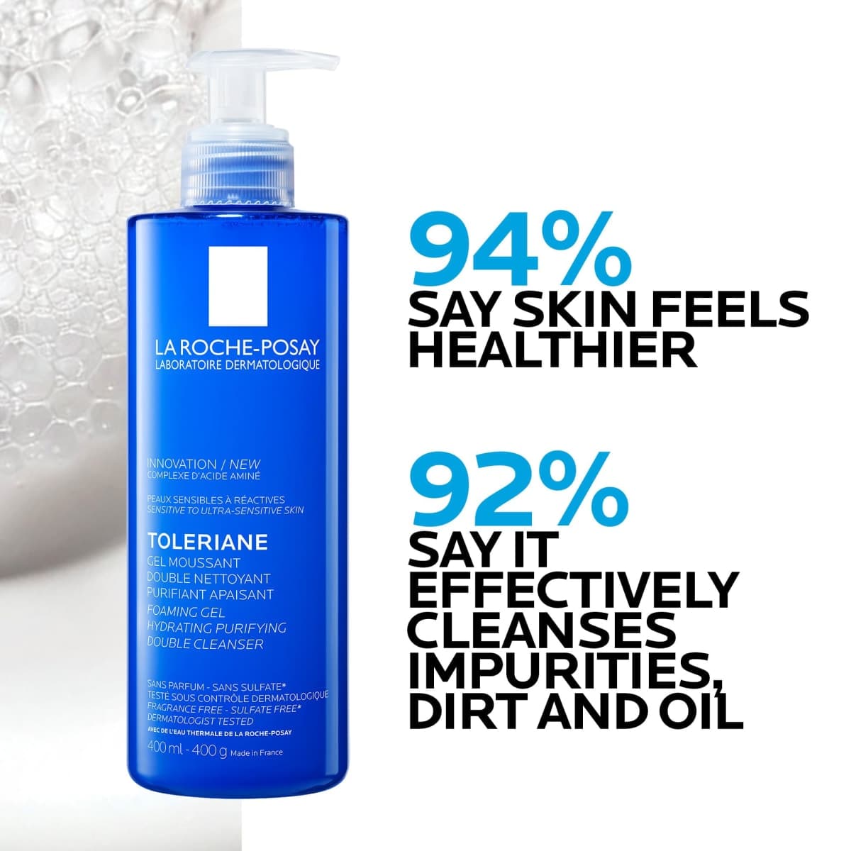 La Roche Posay Double Face Cleanser, Toleriane Hydrating Purifying Foaming Gel, Removes Makeup & Impurities, with Niacinamide & Amino Acids, Fragrance Free, Recommended by Dermatologists, 400ml thumbnail 4