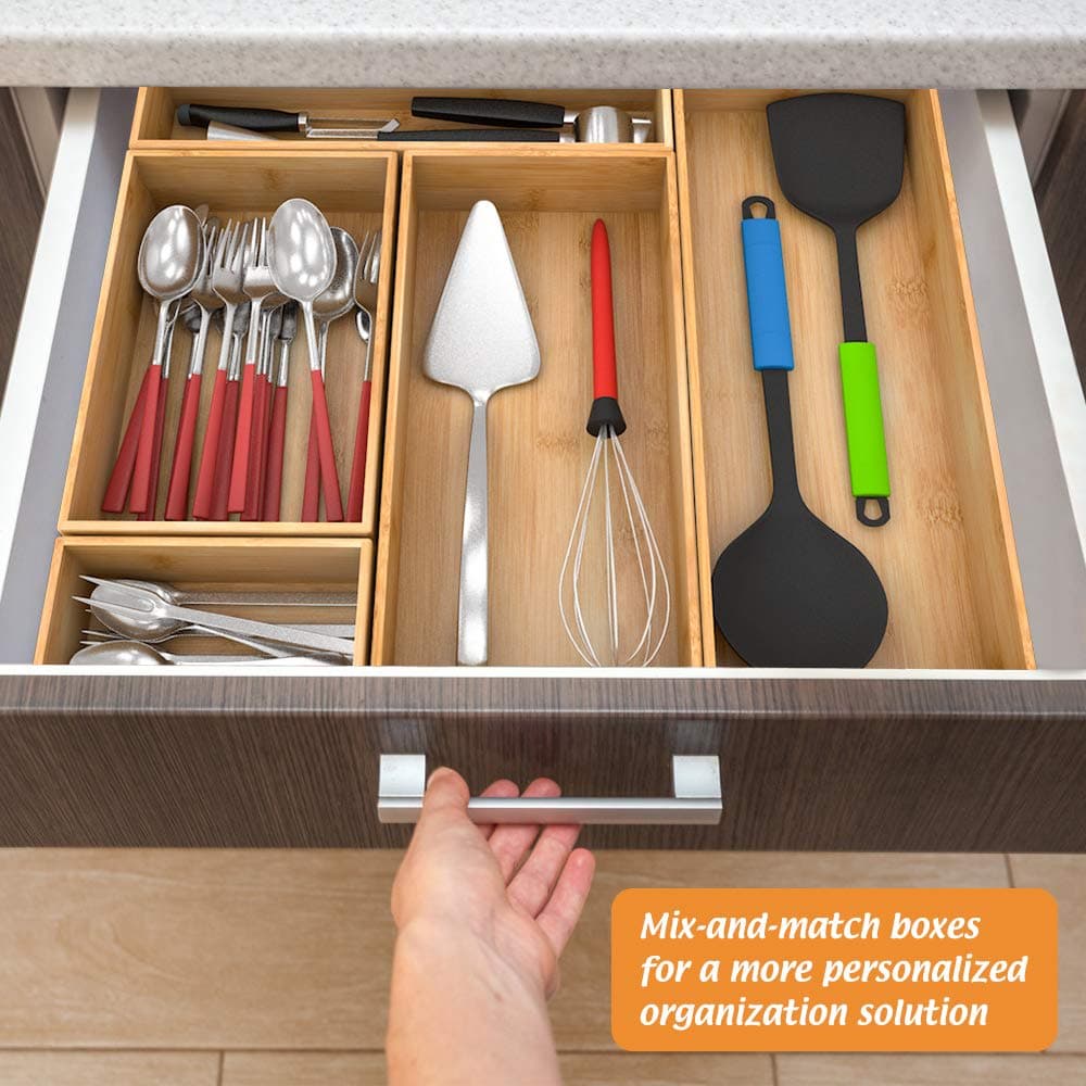 Bamboo Kitchen Drawer Organizer, Wooden Storage Box for Utensil Organizer Silverware Tray Cutlery Holder Flatware Containers - Multi-Use Deep Drawer Dividers Organizer for Bathroom, Jewelry (9"6"2.5") thumbnail 2