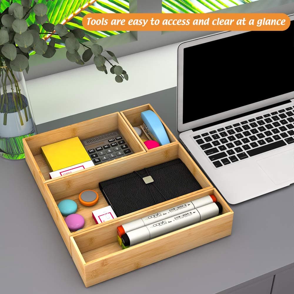 Bamboo Kitchen Drawer Organizer, Wooden Storage Box for Utensil Organizer Silverware Tray Cutlery Holder Flatware Containers - Multi-Use Deep Drawer Dividers Organizer for Bathroom, Jewelry (9"6"2.5") thumbnail 5
