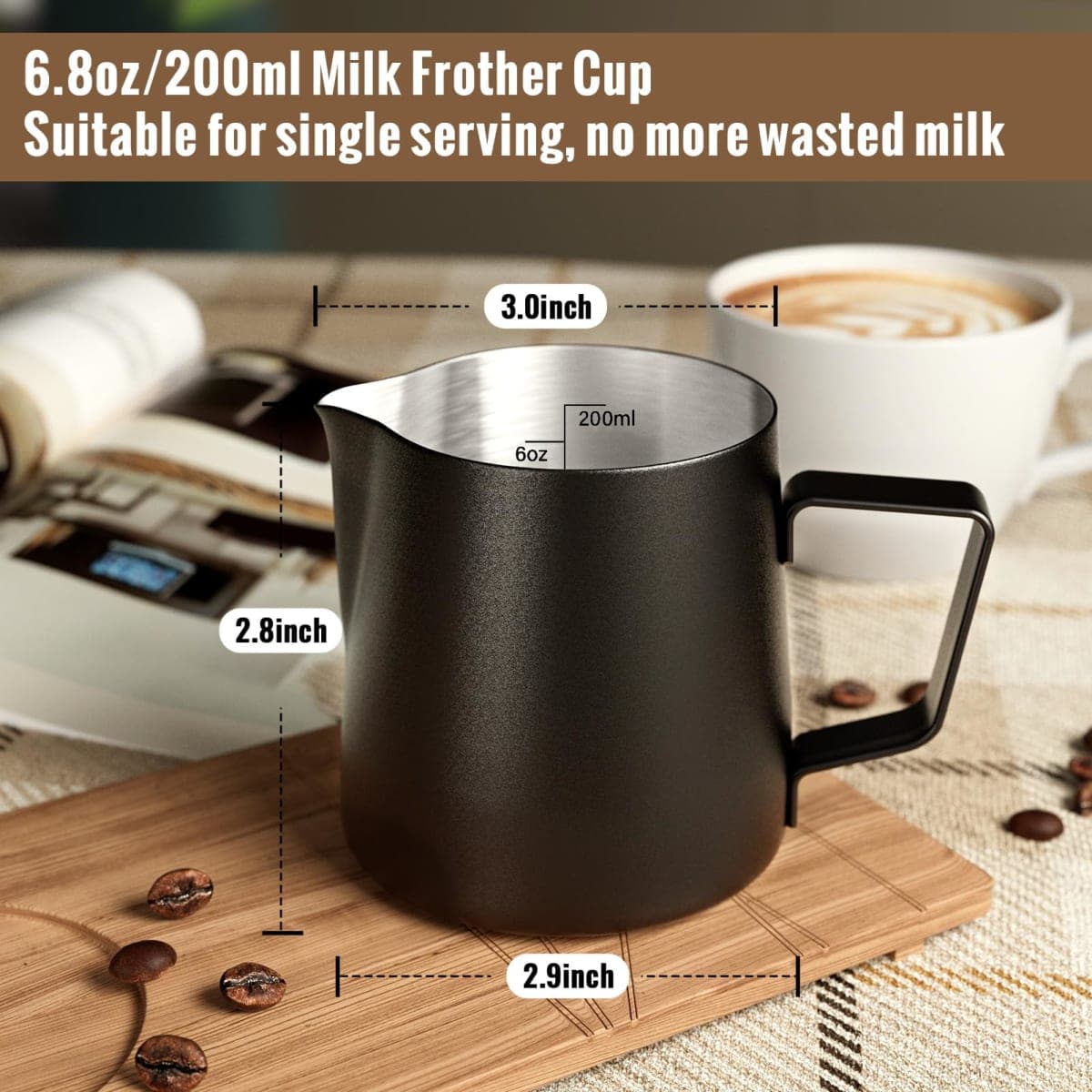 HULISEN 6.8oz/200ml Milk Pitcher, Stainless Steel Espresso Latte Steaming Frothing Pitcher, Coffee Milk Frother Maker, Pour Cup thumbnail 2