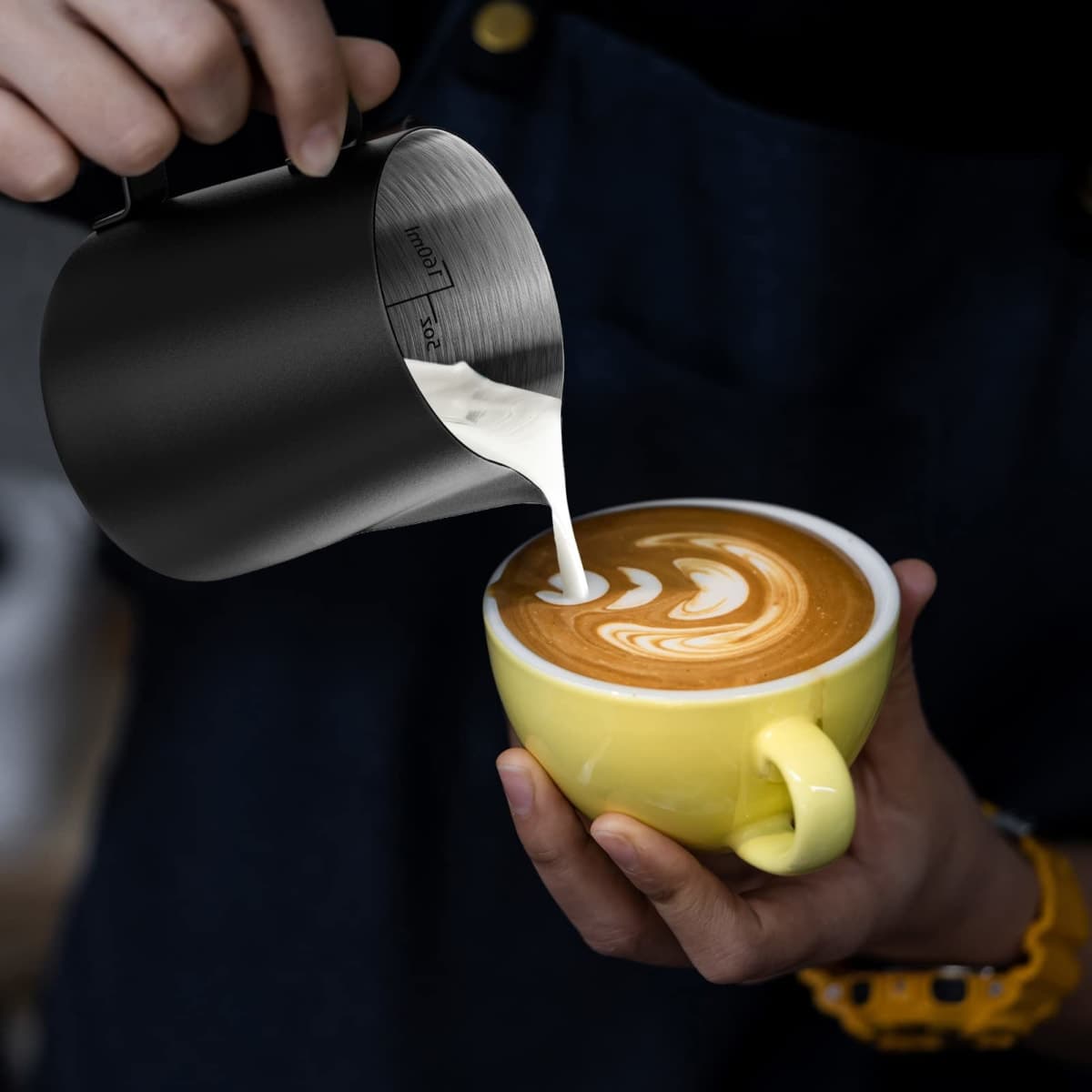 HULISEN 6.8oz/200ml Milk Pitcher, Stainless Steel Espresso Latte Steaming Frothing Pitcher, Coffee Milk Frother Maker, Pour Cup thumbnail 3