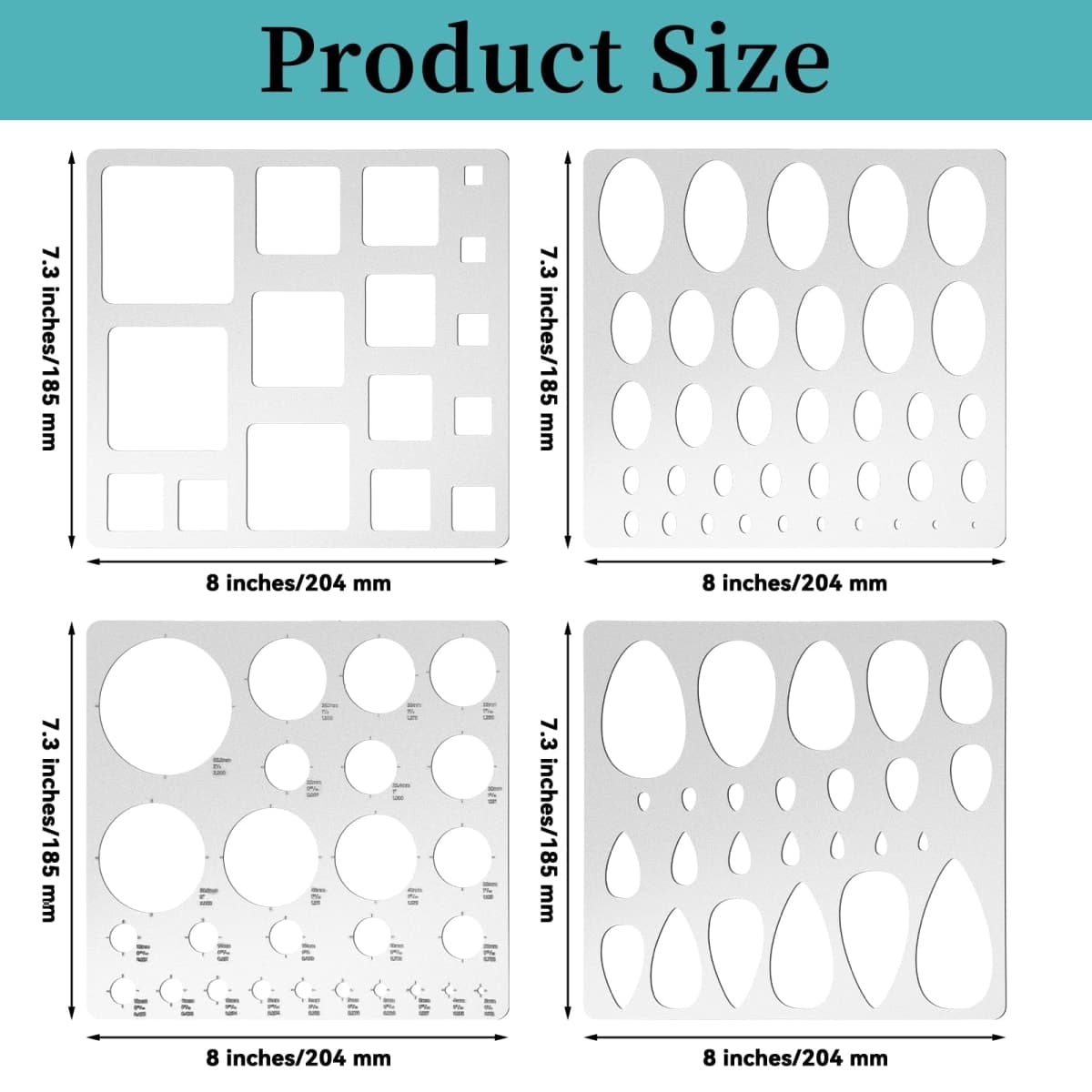 4 Pcs Metal Geometric Stencils Set Circle Ellipse Square Teardrop Templates for Drafting Round Stencil Jewelry Making Art Oval Tool Metric Ruler for Office and DIY Bracelets Earrings Craft thumbnail 2