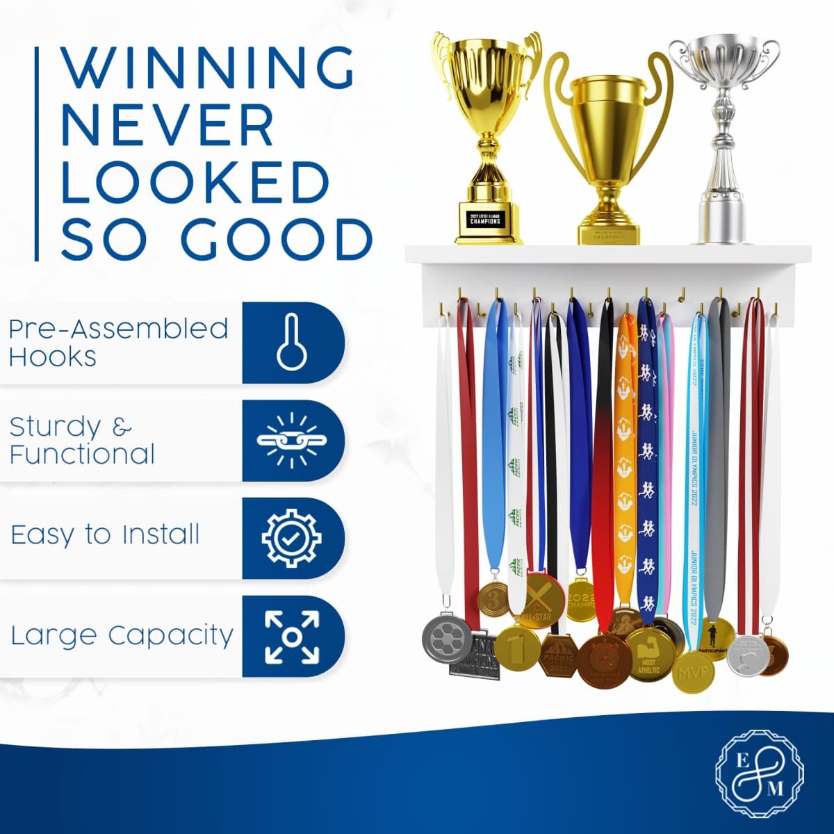 EVERMORE Medal Hanger Display and Trophy Shelf with Hooks - Wooden Medal Holder for Wall Mount Ribbon Display, Trophy Display Shelf for Gymnastics, Soccer, Running Race Medals Awards Rack thumbnail 2