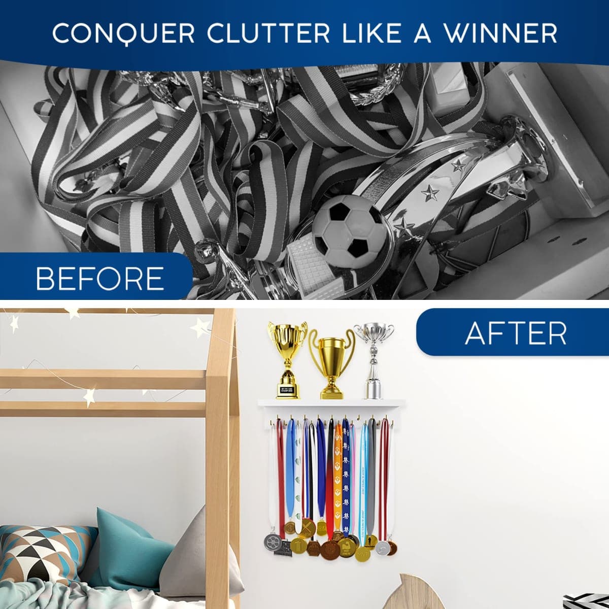 EVERMORE Medal Hanger Display and Trophy Shelf with Hooks - Wooden Medal Holder for Wall Mount Ribbon Display, Trophy Display Shelf for Gymnastics, Soccer, Running Race Medals Awards Rack thumbnail 4
