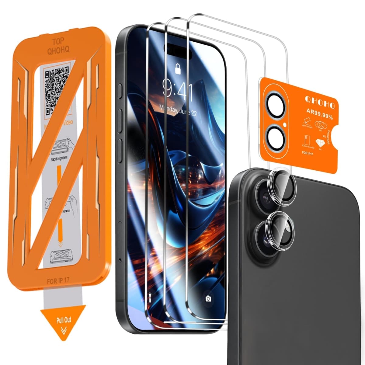 QHOHQ [1-Second Auto-Install] 3 Pack Screen Protector for iPhone 17 + 1 Set Camera Lens Protector, 9H+ Shatterproof Tempered Glass, [12FT Military Grade Protection], Anti-Fingerprint, Case Friendly — image 1