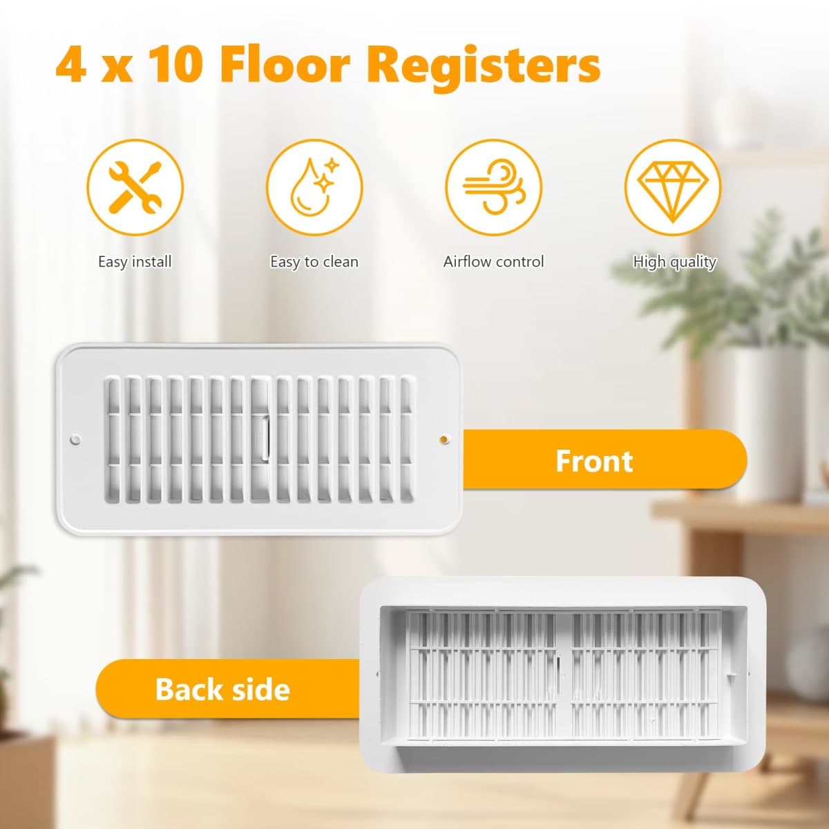 5 Pack Floor Vent Covers, Floor Register 4x10, Vent Covers for Home Floor Ceiling or Sidewall Vent (White 4 x 10) thumbnail 4