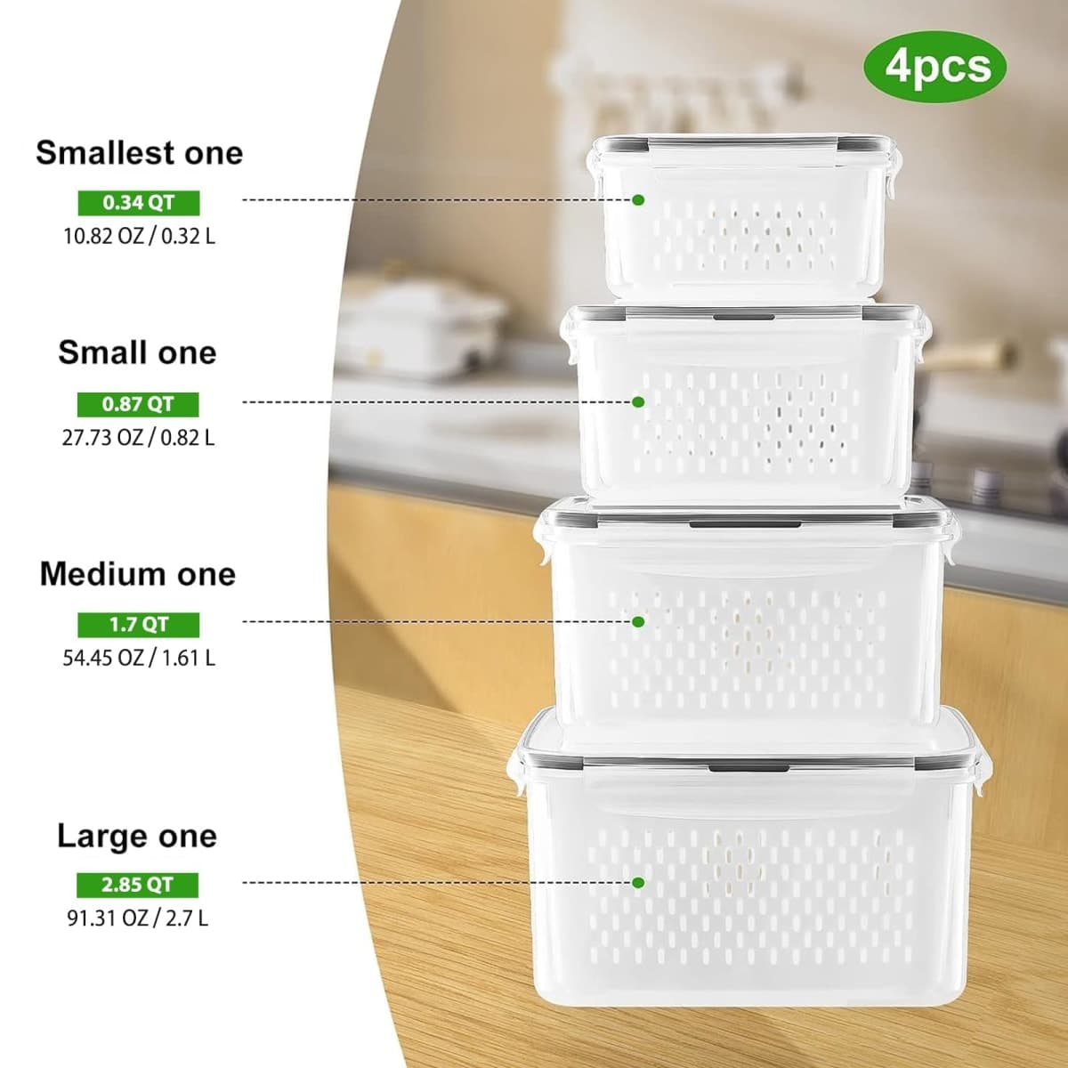4 PCS Fruit Storage Containers for Fridge with Removable Colander, Airtight Food Storage Container, Dishwasher Safe Produce Saver Container for Refrigerator, Keep Berry Fruit Vegetable Fresh Longer thumbnail 2