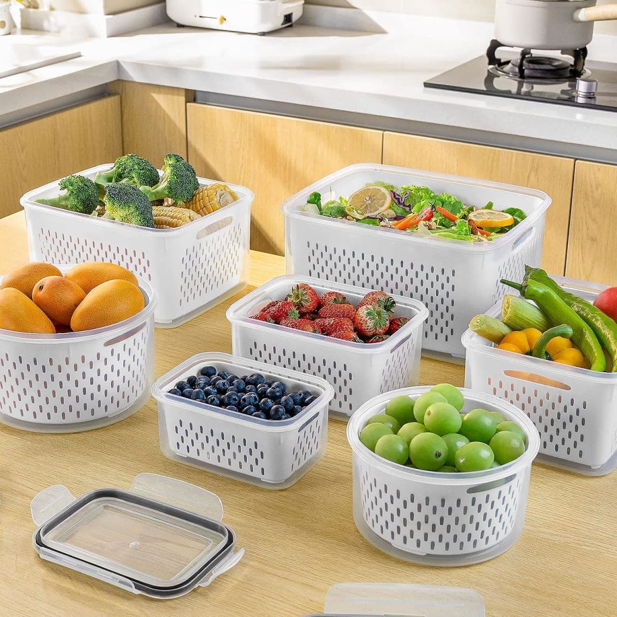 4 PCS Fruit Storage Containers for Fridge with Removable Colander, Airtight Food Storage Container, Dishwasher Safe Produce Saver Container for Refrigerator, Keep Berry Fruit Vegetable Fresh Longer thumbnail 5