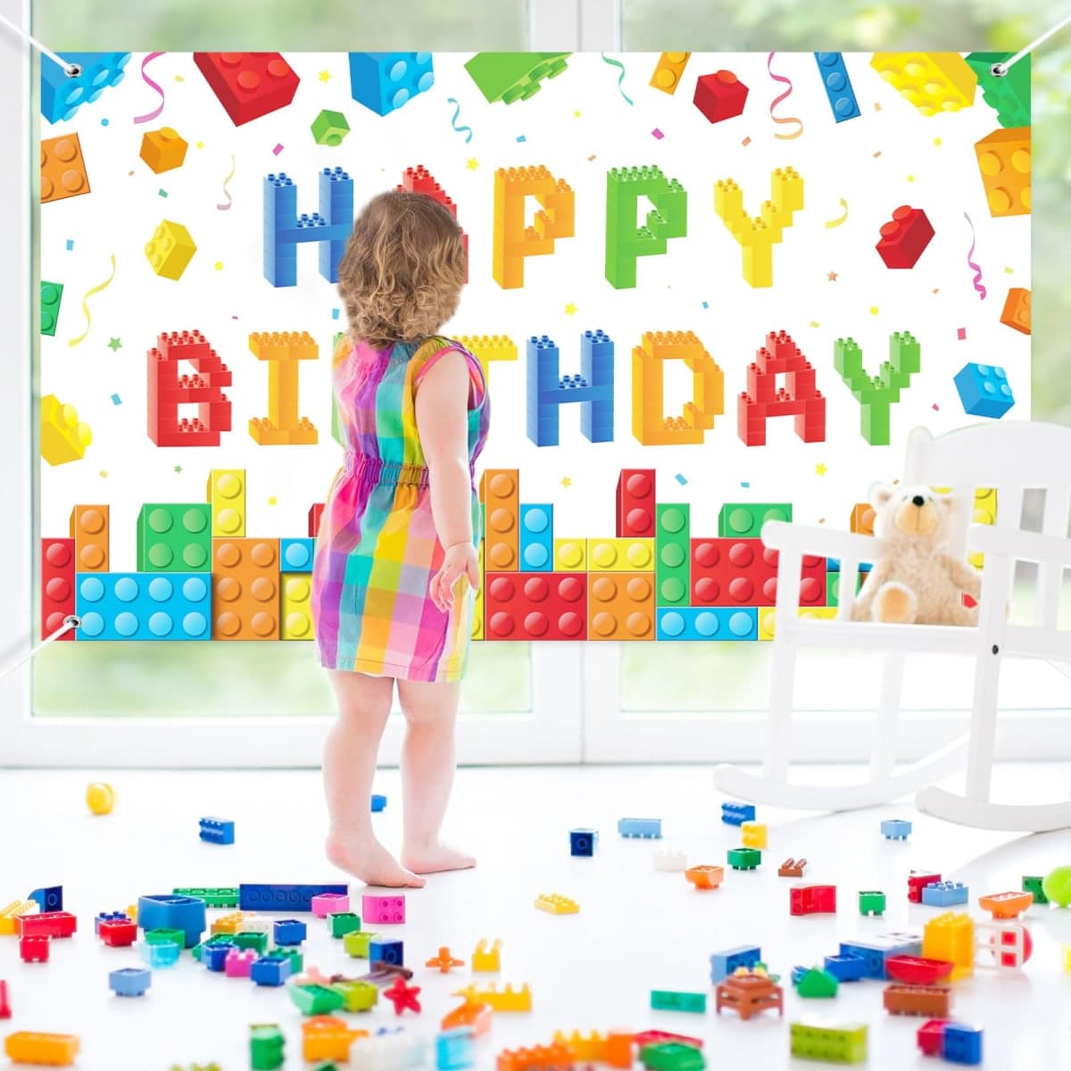 Panelee Building Block Birthday Banner Building Blocks Party Backdrop Building Blocks Birthday Party Decoration Happy Birthday Banner Photography Background for Party, 72.8 x 43.3 Inch (White) thumbnail 4