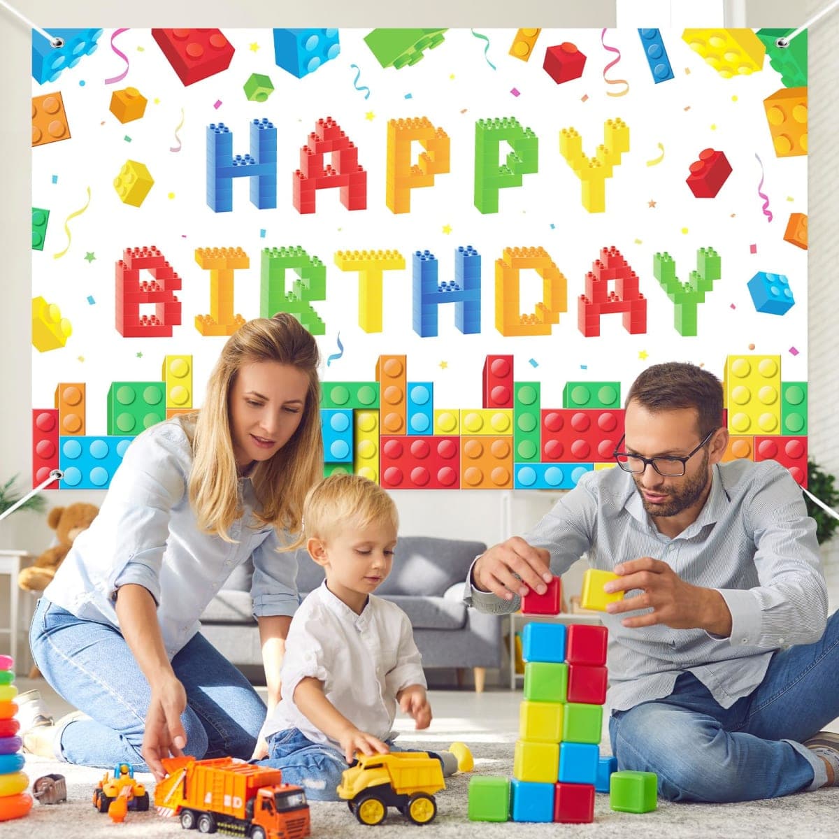 Panelee Building Block Birthday Banner Building Blocks Party Backdrop Building Blocks Birthday Party Decoration Happy Birthday Banner Photography Background for Party, 72.8 x 43.3 Inch (White) thumbnail 5