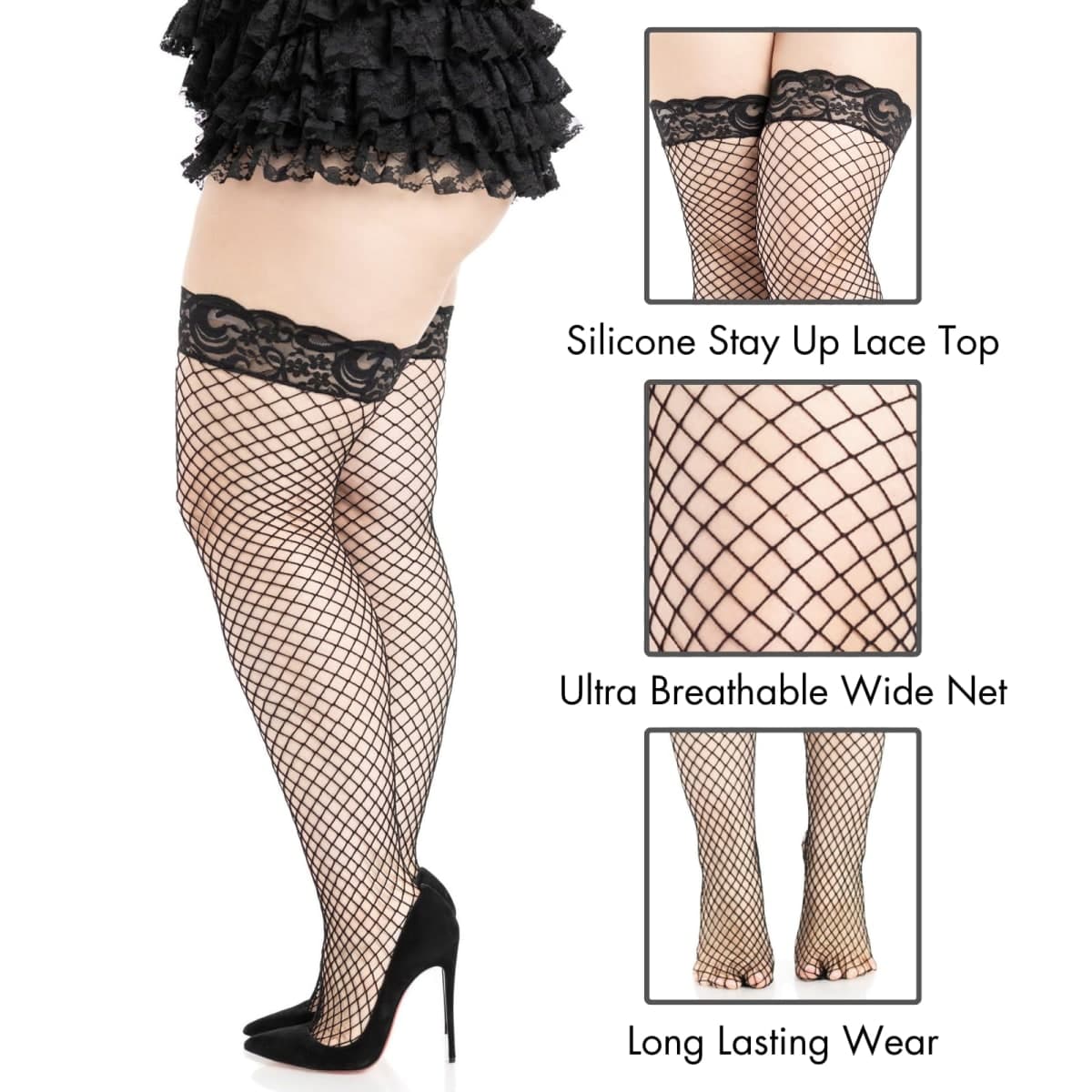 Leg Avenue Women's Fishnet Thigh High Stockings with Silicone Lace Top, Black thumbnail 2