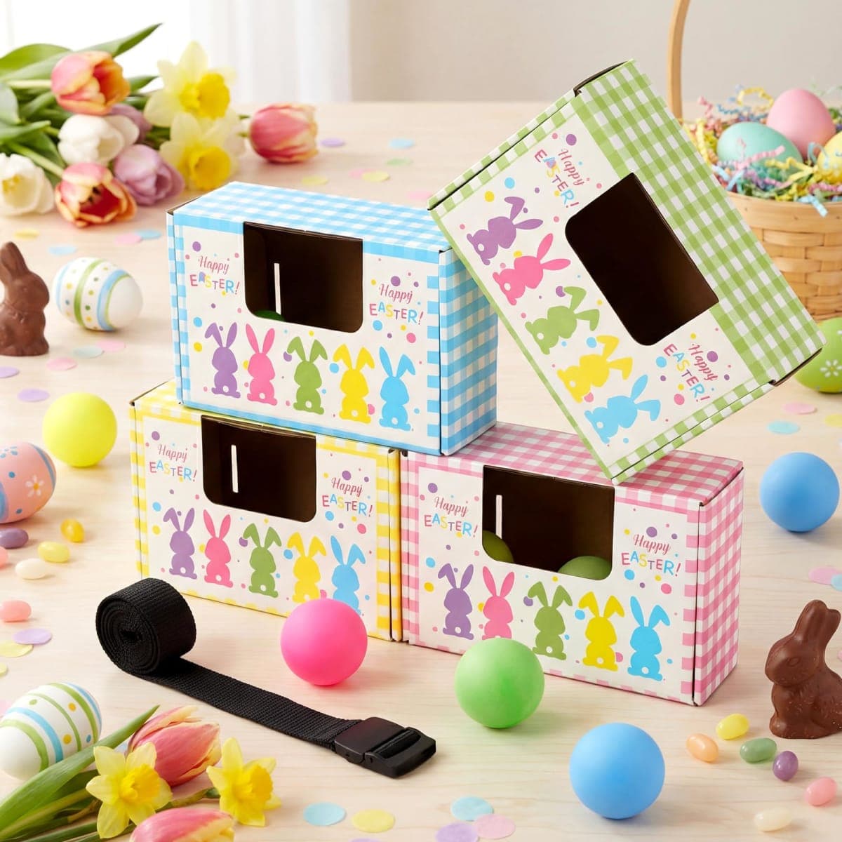 Halloscume 4 Sets Easter Swing Shaking Balls Game Set Colorful Bunny Novelty Twerk Game Includes 40 Balls, Ribbon & Cardboard Boxes Easter Party Games for Family Large Group Spring Party Holiday thumbnail 2