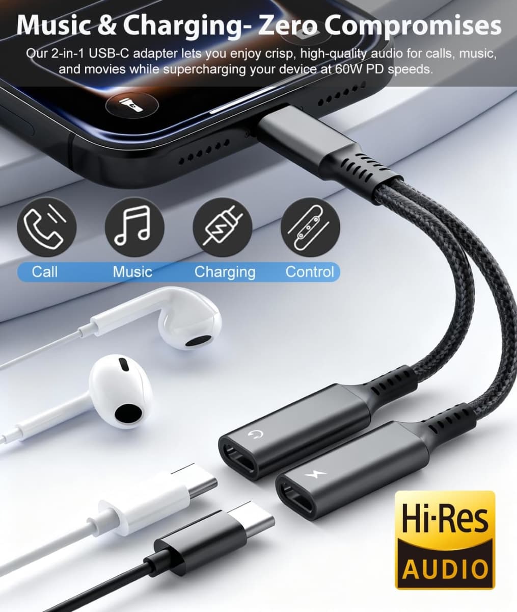 USB C Splitter, Dual USB C Headphone Jack Adapter and Charger, 1 in 2 Out Type C Audio Adapter with PD Fast Charging Dongle Cable for iPhone 17 16 15 Pro Max/E, Samsung Galaxy S25 S24 Ultra More USBC thumbnail 2