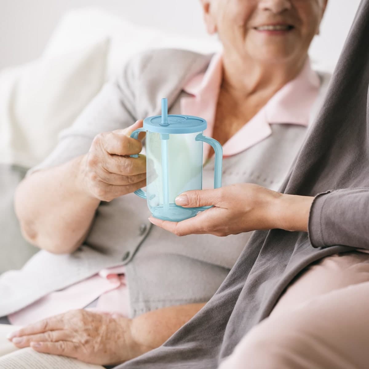 Sliner Adult Sippy Cups for Elderly 12 oz Straw Sippy Cups with 2 Handles No Spill for Adults Spill Proof Dysphagia Cup for Disabled Patients(Blue) thumbnail 4
