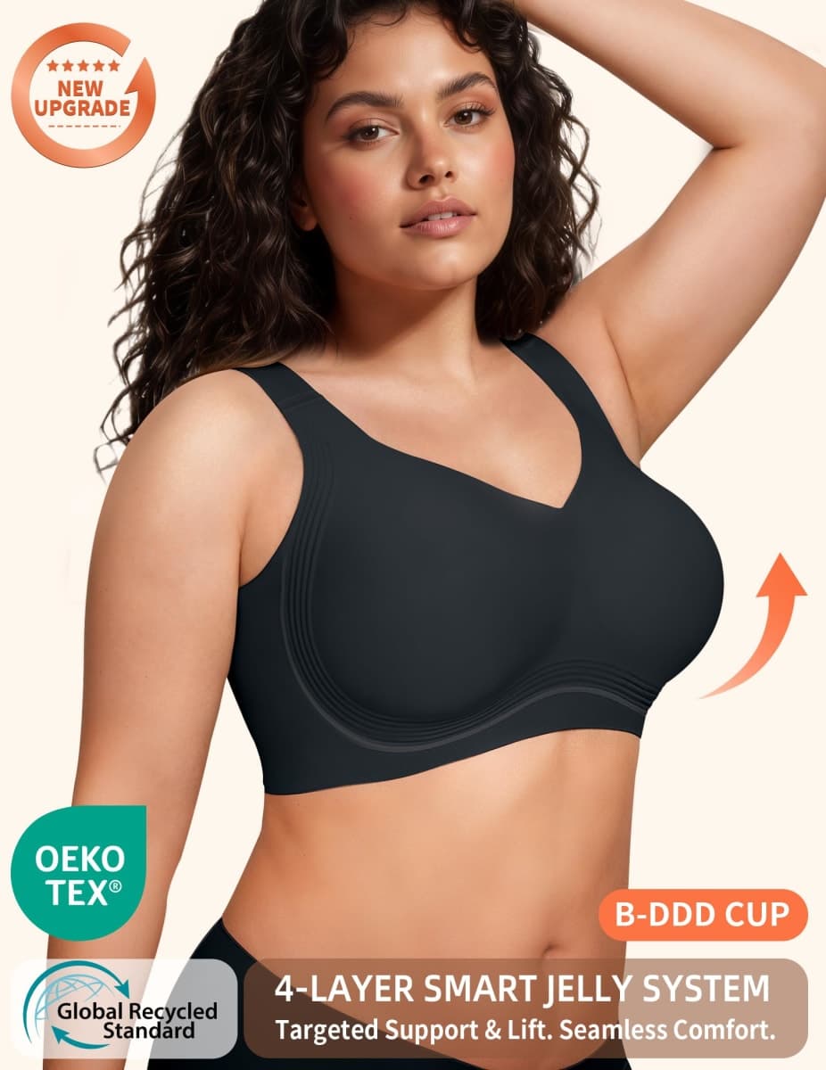 PoseFree Jelly Bras for Women Full Coverage Full Support and Lift No Underwire Back Smoothing Bralette Everyday Bra (Black,XL) thumbnail 2