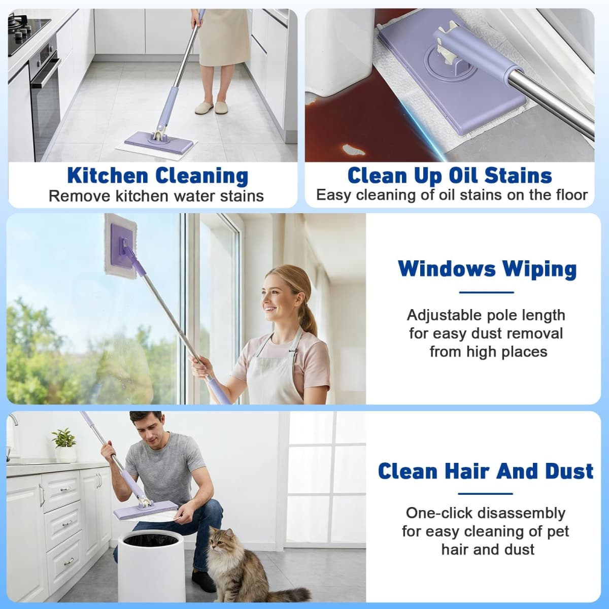 Snap Grip Mini Mop,Cloth Changing Mini Mop,27inch Long Handle Mopping Stick,360° Swivel Head,Dry and Wet Use,Ideal for Tight Corners,Tile and Hardwood(White,6 Reusable Cloth) thumbnail 2