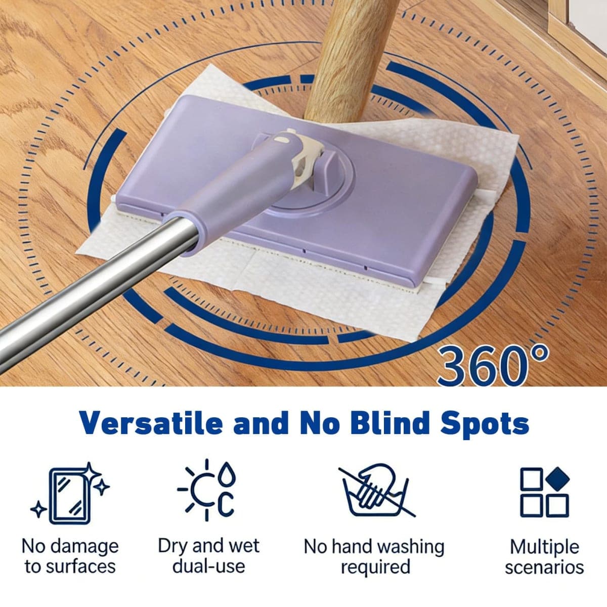 Snap Grip Mini Mop,Cloth Changing Mini Mop,27inch Long Handle Mopping Stick,360° Swivel Head,Dry and Wet Use,Ideal for Tight Corners,Tile and Hardwood(White,6 Reusable Cloth) thumbnail 5