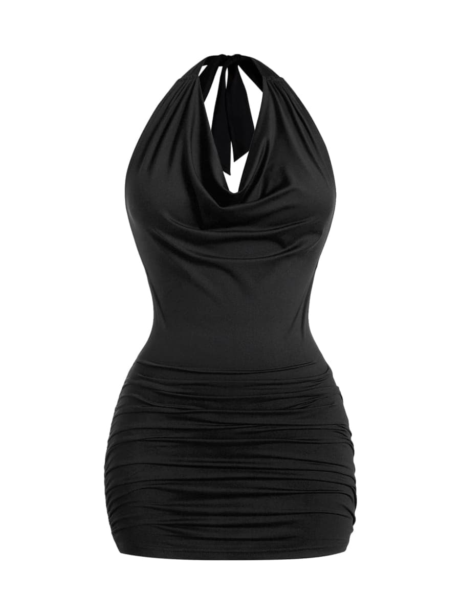 Verdusa Women's Backless Halter Cowl Neck Dress Summer Party Ruched Bodycon Mini Dresses, Black, Large — image 1