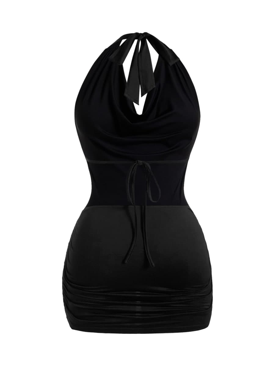 Verdusa Women's Backless Halter Cowl Neck Dress Summer Party Ruched Bodycon Mini Dresses, Black, Large thumbnail 4