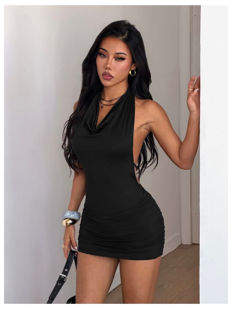 Verdusa Women's Backless Halter Cowl Neck Dress Summer Party Ruched Bodycon Mini Dresses, Black, Large thumbnail 5