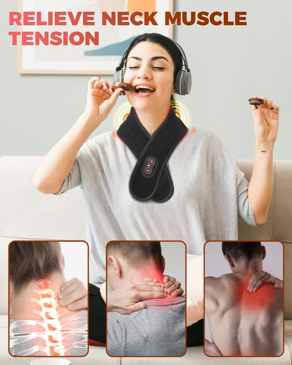 FLAZECON Red Light Therapy for Neck and Shoulders Wrap, Cordless Infrared Heating Pad Belt with Vibration for Body, Hands, Rechargeable Portable Neck Massager with Heat 660nm/850nm (Black) thumbnail 2