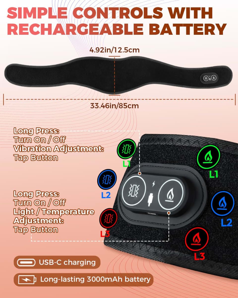 FLAZECON Red Light Therapy for Neck and Shoulders Wrap, Cordless Infrared Heating Pad Belt with Vibration for Body, Hands, Rechargeable Portable Neck Massager with Heat 660nm/850nm (Black) thumbnail 5