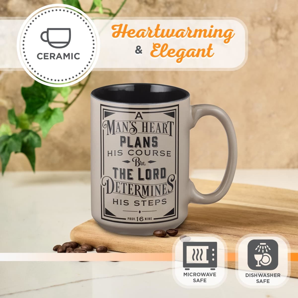 Christian Art Gifts Large Ceramic Coffee & Tea Mug for Men, Dads & Pastors: Man's Heart Plans Inspirational Bible Verse Microwave/Dishwasher Safe Drinkware, Lead/Cadmium-free, Café Brown/Black, 14 oz. thumbnail 3