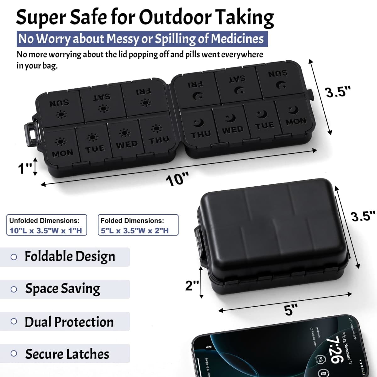 New Foldable & Double Protection Portable Weekly Pill Organizer 2 Times A Day with Etched Labels, AM PM 7 Day Week Medicine Box, Daily Travel Pill Case Dispenser for Vitamin, Supplement - All Black thumbnail 2