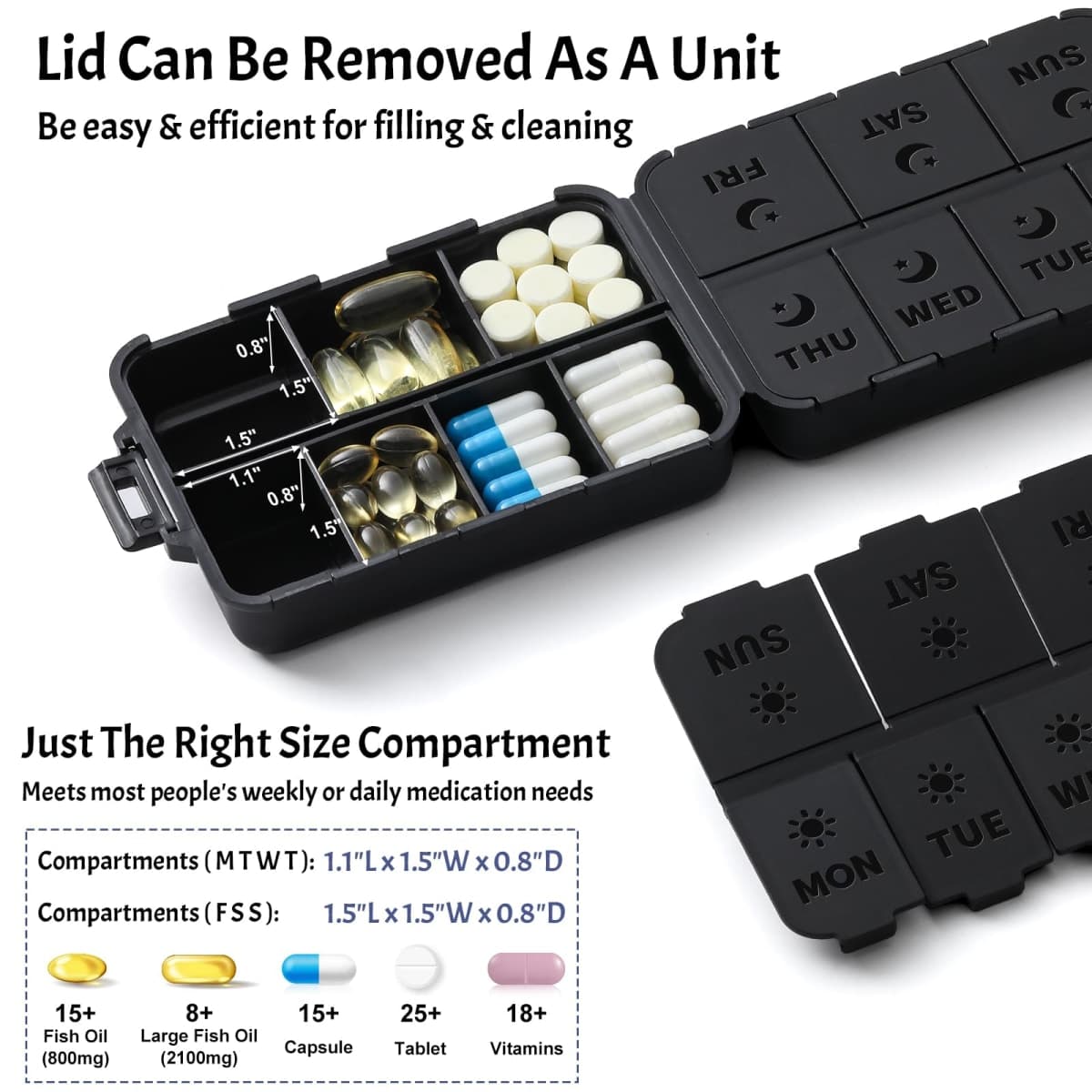 New Foldable & Double Protection Portable Weekly Pill Organizer 2 Times A Day with Etched Labels, AM PM 7 Day Week Medicine Box, Daily Travel Pill Case Dispenser for Vitamin, Supplement - All Black thumbnail 3