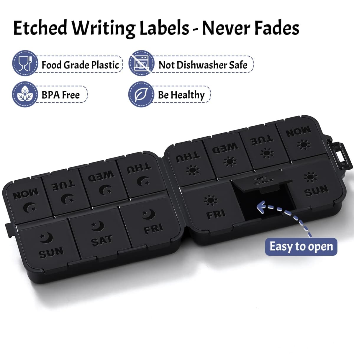 New Foldable & Double Protection Portable Weekly Pill Organizer 2 Times A Day with Etched Labels, AM PM 7 Day Week Medicine Box, Daily Travel Pill Case Dispenser for Vitamin, Supplement - All Black thumbnail 4