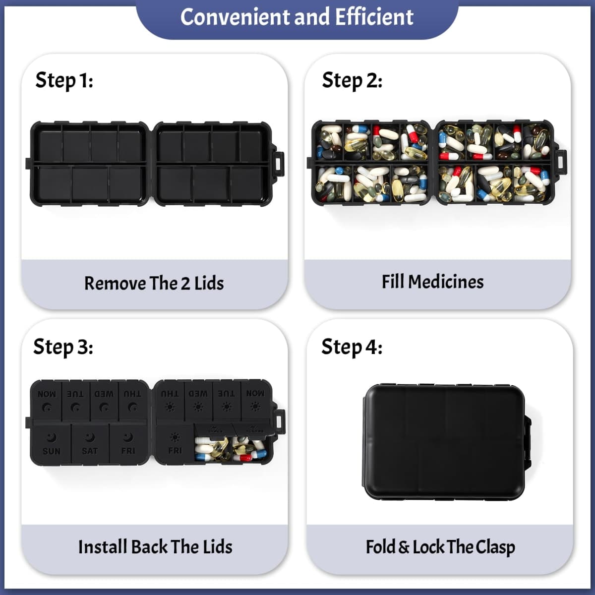 New Foldable & Double Protection Portable Weekly Pill Organizer 2 Times A Day with Etched Labels, AM PM 7 Day Week Medicine Box, Daily Travel Pill Case Dispenser for Vitamin, Supplement - All Black thumbnail 5