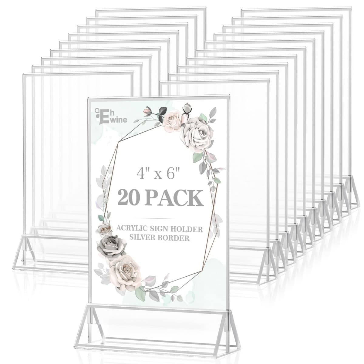 EHWINE 20 Pack Acrylic Sign Holder 4 x 6, Double Sided Silver Picture Frame Stand up Table Top Sign Holders, Clear Display Stand Menu Flyer Holder for Wedding Party — image 1