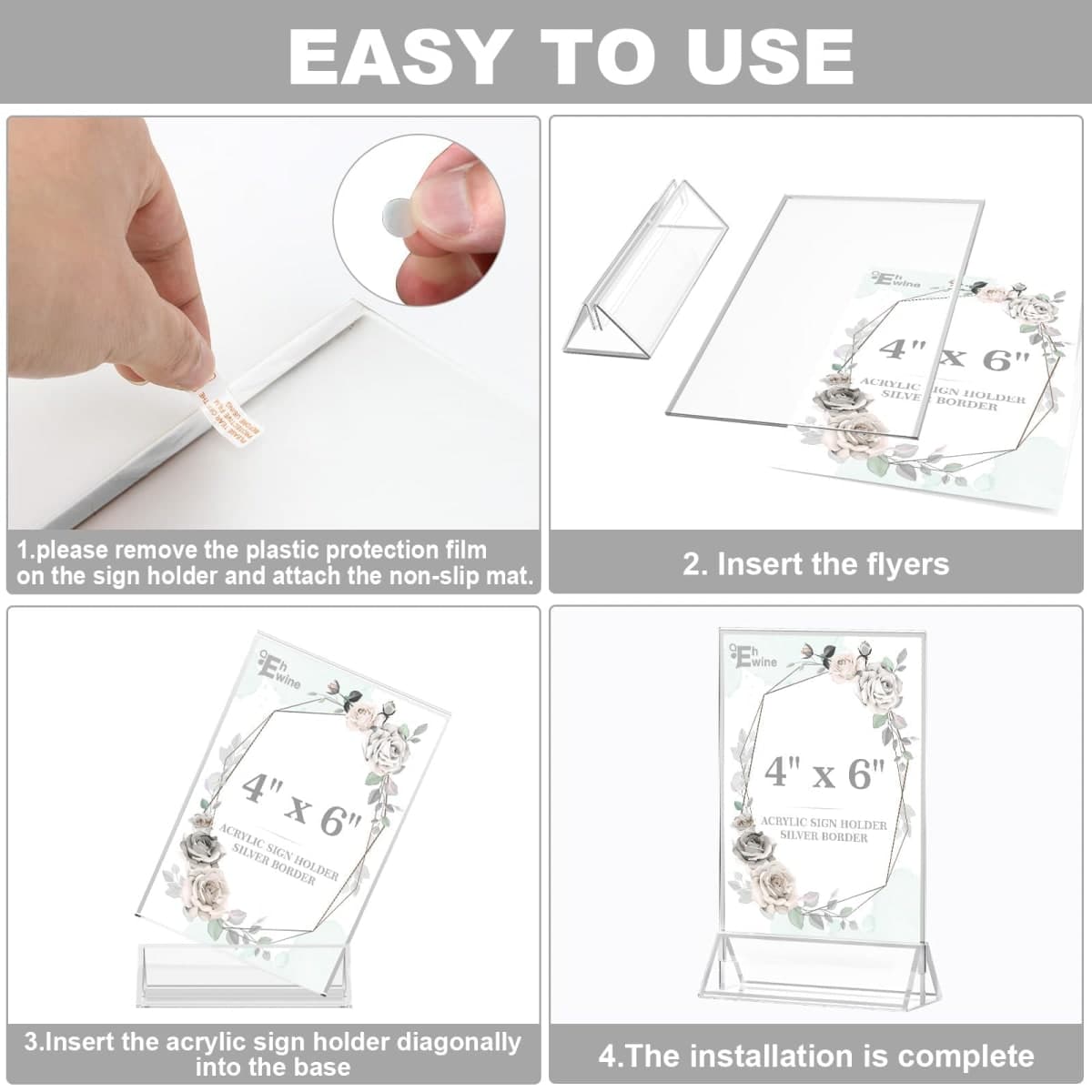 EHWINE 20 Pack Acrylic Sign Holder 4 x 6, Double Sided Silver Picture Frame Stand up Table Top Sign Holders, Clear Display Stand Menu Flyer Holder for Wedding Party thumbnail 5