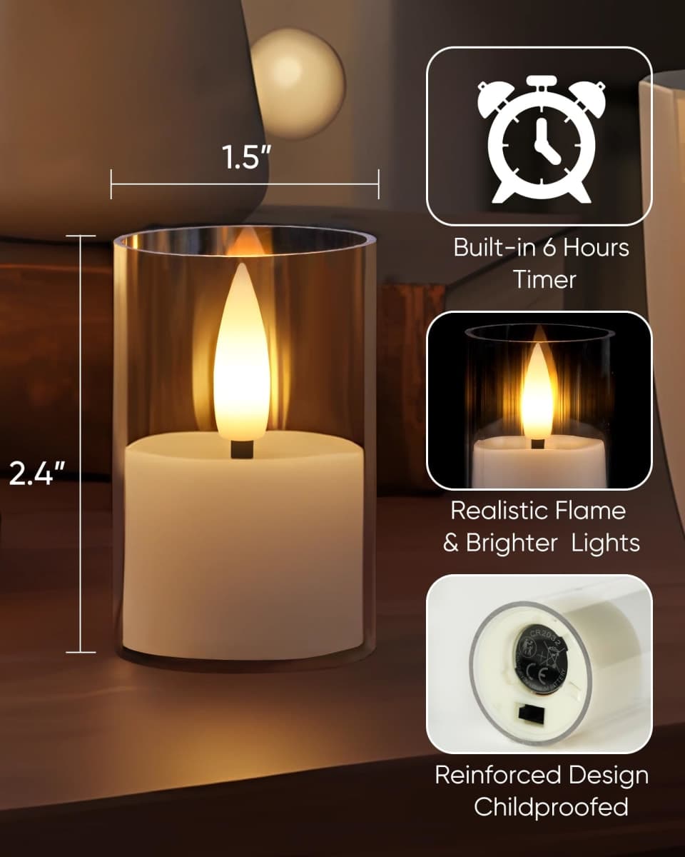 Homemory Flameless Votive Candles with Timer, 2" x 2" Real Wax, 150+Hour Realistic White Battery Operated Candles, Set of 6 for Wedding, Party and Holiday Decoration (Battery Included) thumbnail 2