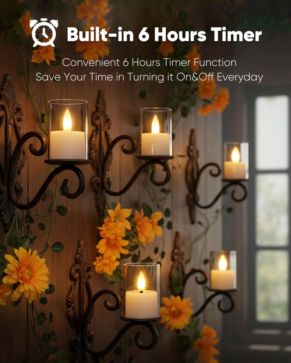 Homemory Flameless Votive Candles with Timer, 2" x 2" Real Wax, 150+Hour Realistic White Battery Operated Candles, Set of 6 for Wedding, Party and Holiday Decoration (Battery Included) thumbnail 3