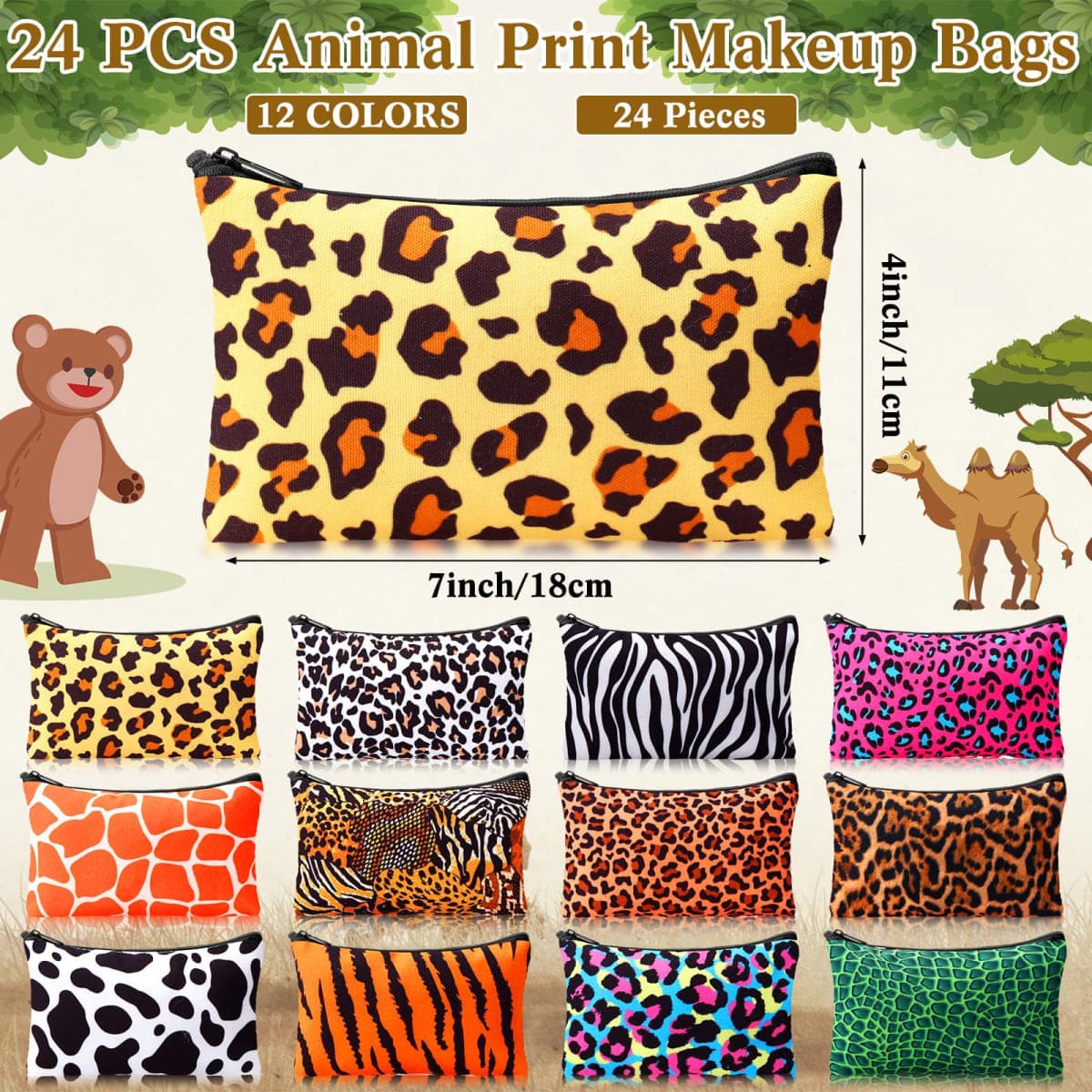 SilTriangle 24 Pieces Makeup Bags Bulk Canvas Cosmetic Bags Purse Organizer Zipper Cosmetic Pouch Portable Travel Toiletry Pouch for Women Men Gifts, 7 x 4 Inch, as shown on the picture, Leopard Print thumbnail 2