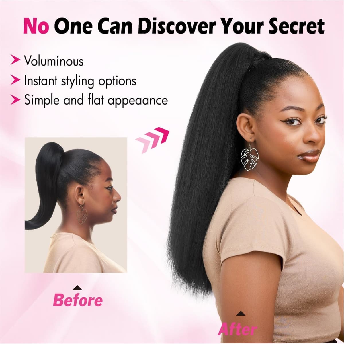 UAmy hair Long Yaki Straight Ponytail Extension for Women 20 Inch Brown Black Wrap Around Magic Paste Synthetic Clip in Ponytail Thick Kinky Straight Hair Pony Tail for Daily Use (2#) thumbnail 4