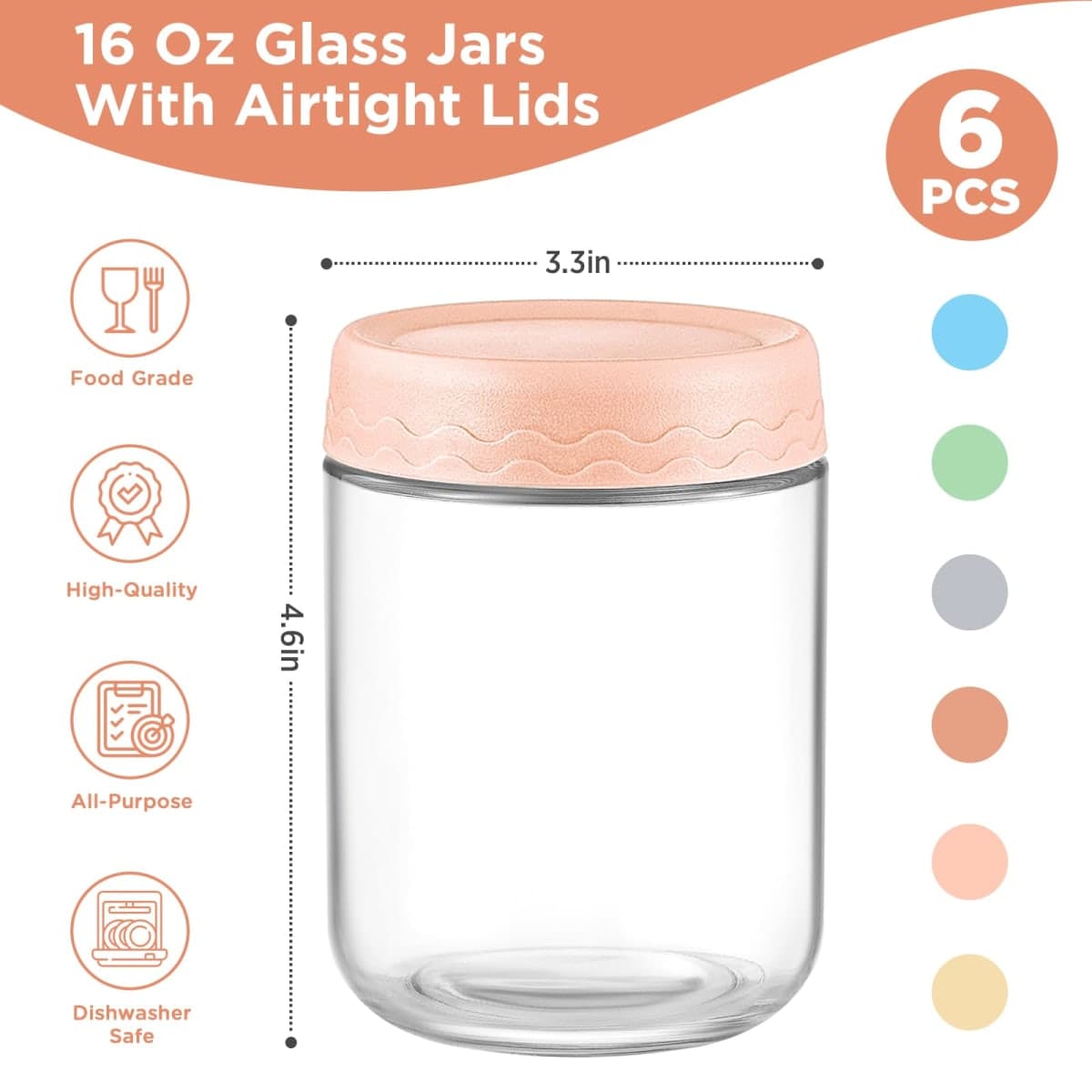 DRKIO 16 Oz Overnight Oats Containers with Lids - 6 Pack Glass Storage Jars with Airtight Lids Wide Mouth Mason Food Jars Great for Meal Prep Salad Chia Pudding Snacks Yogurt Sugar Spice Cereal thumbnail 2